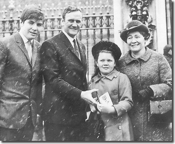 Don Revie outside Buckingham Palace in January 1970 with wife Elsie, son Duncan (15) and daughter Kim (10) showing off his OBE