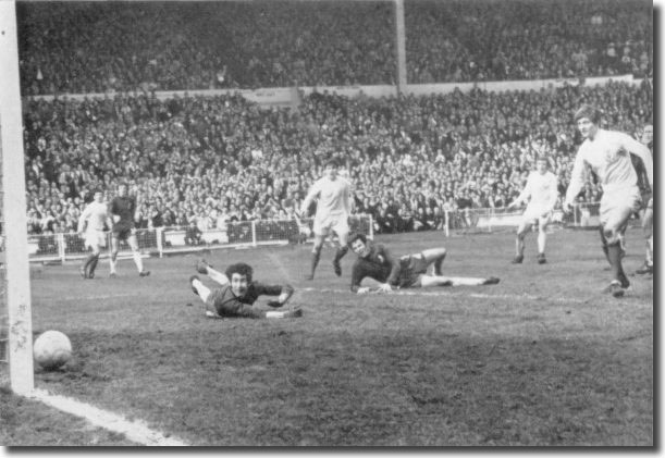 Peter Bonetti can do nothing to prevent Mick Jones scoring the goal that put Leeds 2-1 ahead