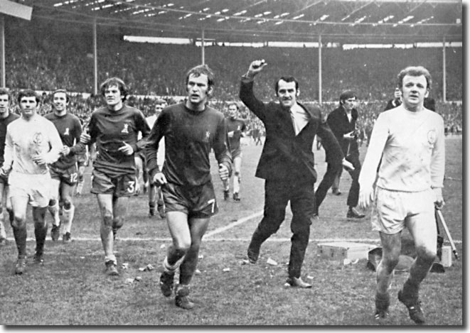 Johnny Giles and Billy Bremner join Chelsea players on a lap of honour after the Wembley final