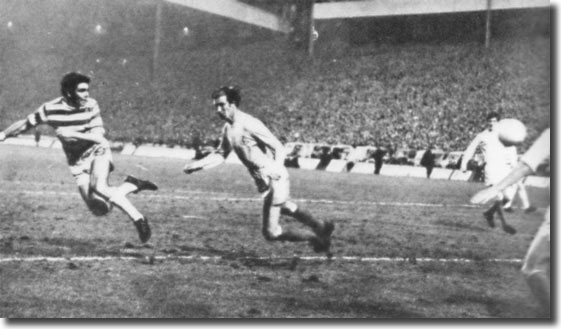 John Hughes gets in front of Jack Charlton to nod home for Celtic at Hampden