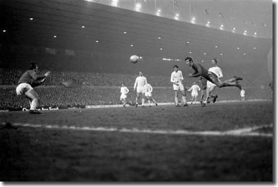 Peter Osgood plunges to head Chelsea's equaliser past David Harvey