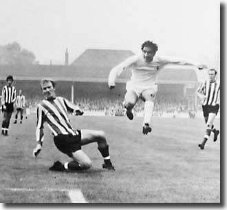 Norman Hunter beats the Saints' Jimmy Gabriel at Elland Road on 19 September - Gabriel was later sent off