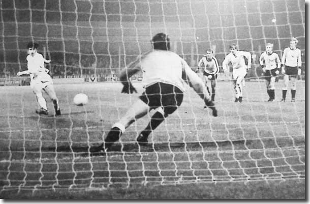 Peter Lorimer scores the only goal of the Fairs Cup-tie at Elland Road against Dynamo Dresden from the penalty spot