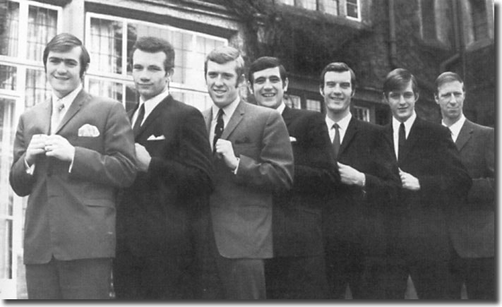 The Magnificent Seven - Cooper, Reaney, Jones, Hunter, Madeley, Clarke and Charlton - line up to commemorate their call up for England's provisional World Cup squad