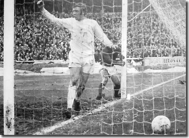 Mick Jones scores one of his three in the Cup trouncing of Swindon