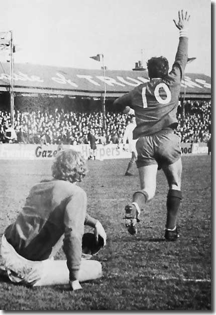 Gary Sprake can only look on in despair as Ray Crawford celebrates a famous victory by Colchester