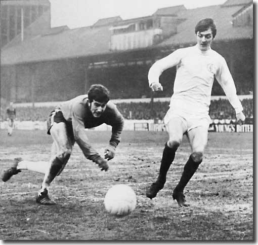 Allan Clarke and Chelsea keeper Tommy Hughes battle for the ball at Stamford Bridge on 27 March - Leeds lost 3-1 to seriously damage their title aspirations