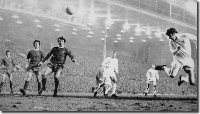 Billy Bremner sends a marvellous flying header into the Liverpool net to settle a stirring encounter