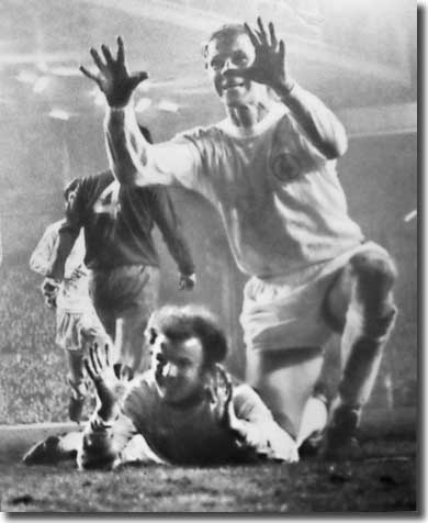 It's a glorious feeling for Billy Bremner and Jack Charlton after the skipper's goal at Anfield