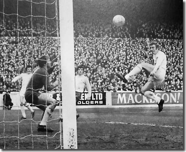 Mick Jones nods home a cross from Eddie Gray during the defeat to West Brom but the goal was disallowed for offside