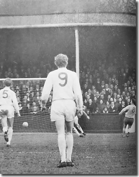 Mick Jones can only look on while Jack Charlton makes a vain effort to get back as Tony Brown squares the ball to Jeff Astle for a controversial goal by Albion