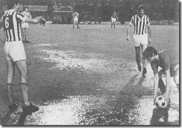 This picture of Allan Clarke retrieving the ball in the abortive Fairs Cup final first leg against Juventus clearly shows the appalling state of the pitch