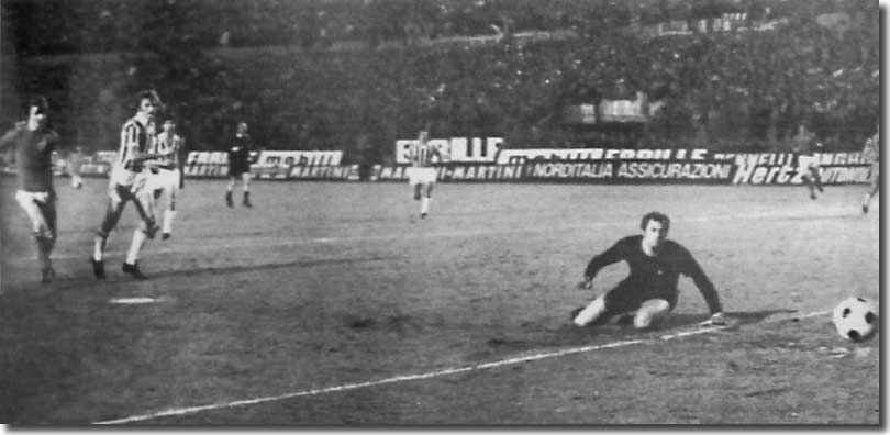 Paul Madeley (out of picture) scores in Turin in the first leg of the Fairs Cup final