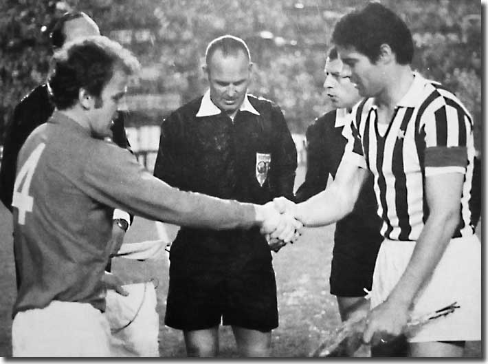 Billy Bremner shakes hands with Juve captain Sandro Salvadore before the first leg of the Fairs Cup final in Turin