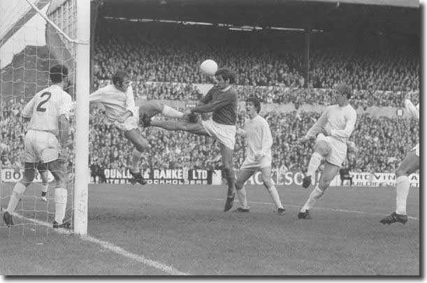 Terry Cooper clashes with Everton's John Hurst at Elland Road on 23 October with Paul Reaney, Joe Jordan, Jack Charlton and Norman Hunter looking on