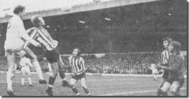 Jack Charlton rises to head home a remarkable goal, the sixth against Southampton