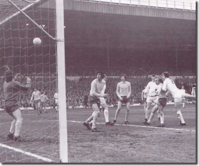 Jennings, England, Peters and Beal look on in trepidation, Jones and Lorimer in hope, as Allan Clarke's header strikes the bar