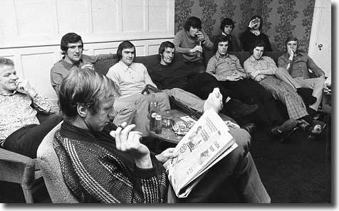 Jack Charlton and the other Leeds players watch a rerun of the Cup final during the days before their game with Wolves