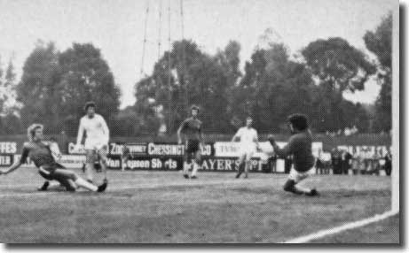 Chris Garland makes it 3-0 for Chelsea with makeshift goalkeeper Peter Lorimer helpless