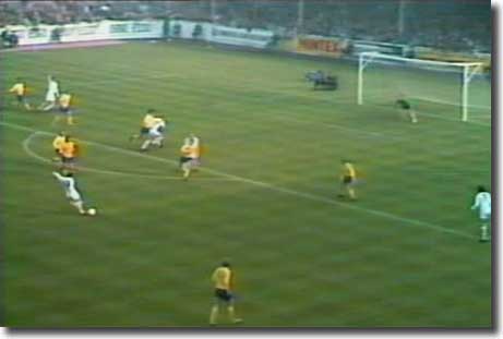 Johnny Giles lashes in his second goal against Derby