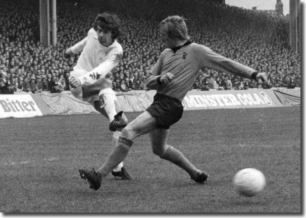 Peter Lorimer fires the ball past Wolves full-back Derek Parkin during the FA Cup semi-final