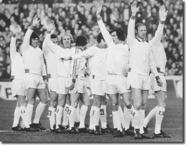 The Leeds team wave to the crowd before the Cup semi-final - Bremner, Harvey, Reaney, Yorath, Cherry, Lorimer, Jordan, Charlton, Clarke