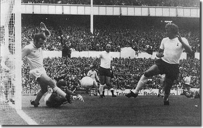 David Harvey and Paul Reaney combine to keep Spurs at bay