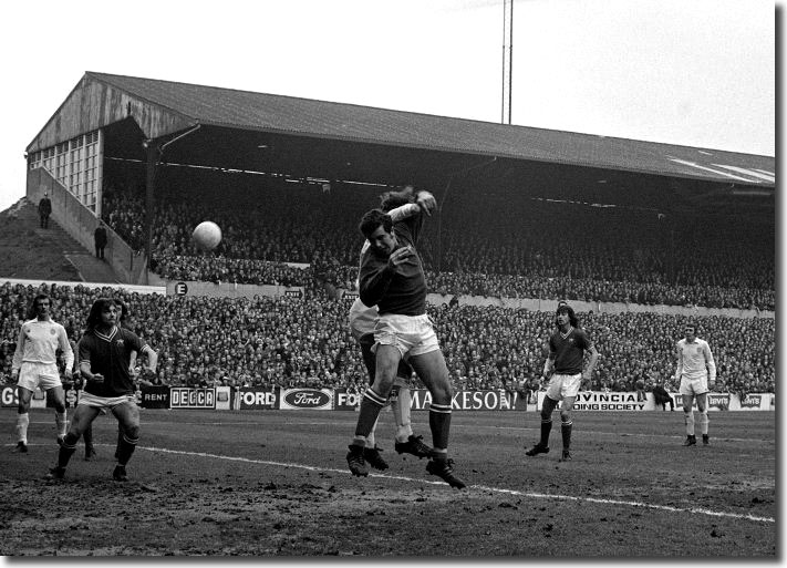 Bristol keeper Ray Cashley tangles with Roy Ellam at Elland Road