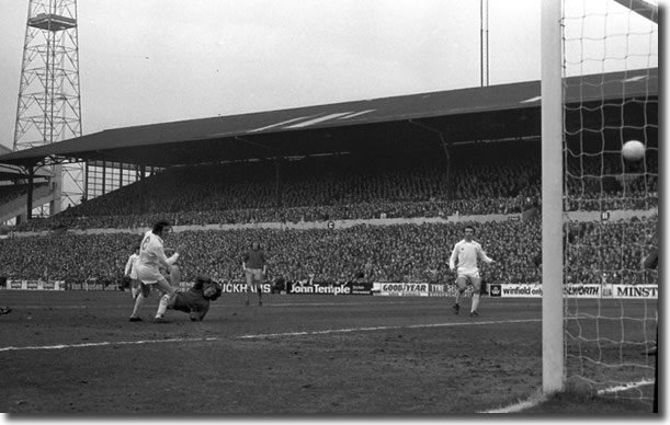 Hunter and Reaney look on as Paul Fletcher makes it 2-1 to Buirnley