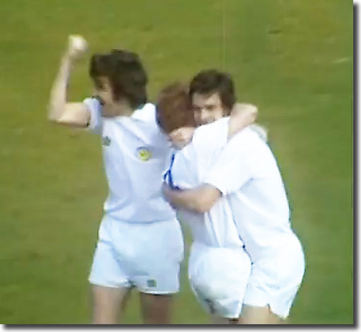 Goalscorer Peter Lorimer leads the celebrations with Bremner and Jordan also enjoying the moment