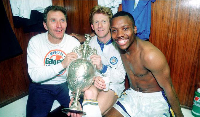 Howard Wilkinson, Gordon Strachan and Rod Wallace with the championship trophy in 1992