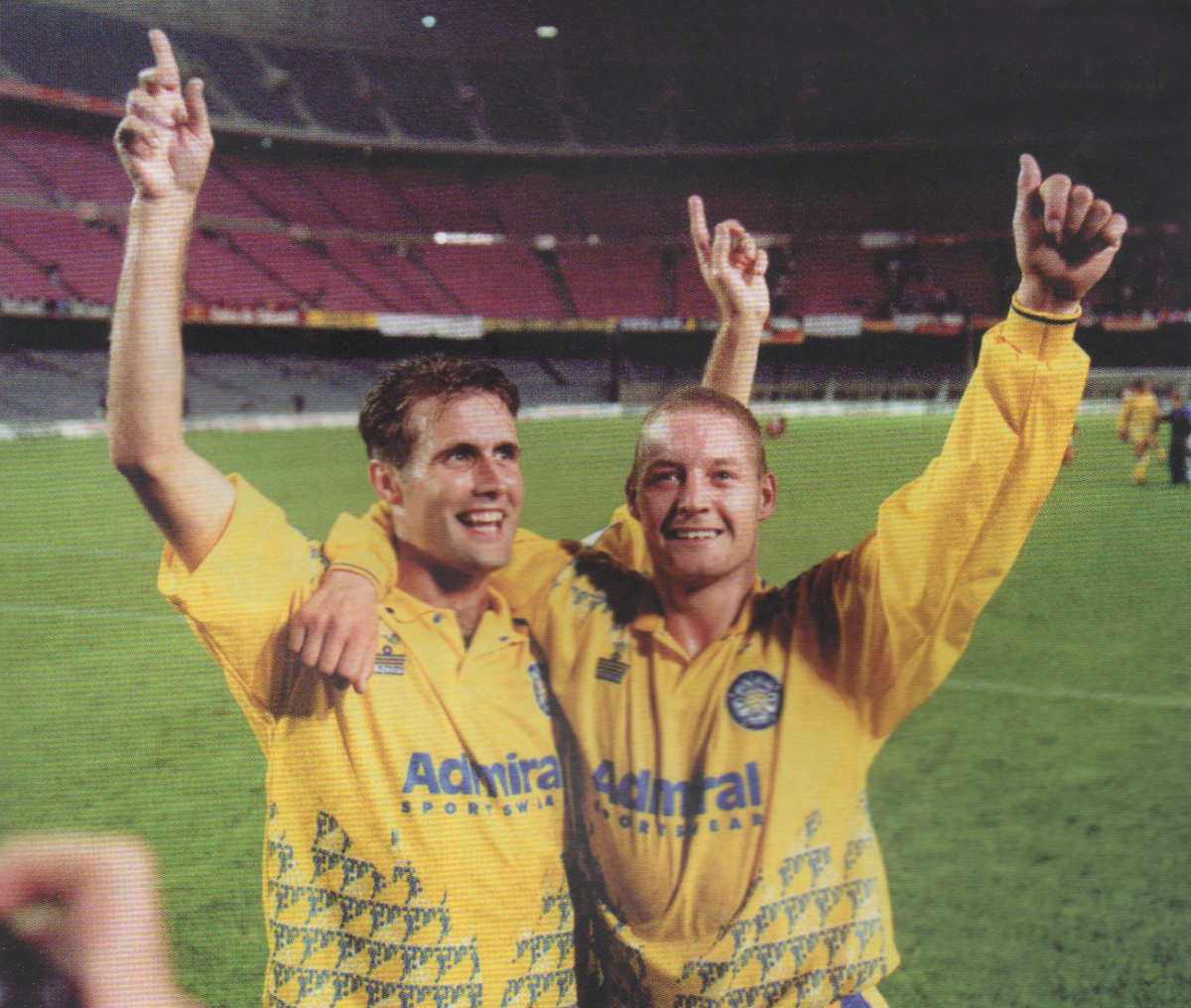 Goalscorer Carl Shutt and David Batty celebrate victory in teh Nou Camp against Stuttgart 9 October 1992