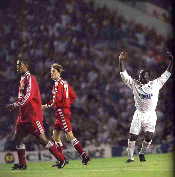 Goalscorer supreme Tony Yeboah celebrates his wonderful goal against Liverpool 21 August 1995