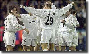 Team celebrations after Rio Ferdinand's goal