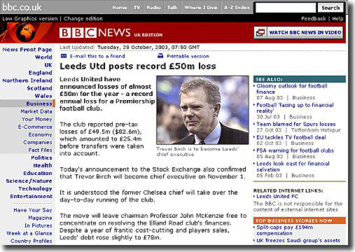 The BBC website on 28 October 2003 carries the news of United's £50m loss
