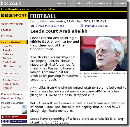 The BBC website records the interest shown in Leeds United by a Bahraini sheikh 29 October 2003