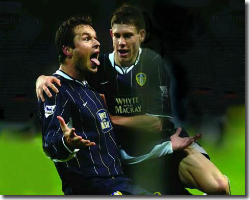 Mark Viduka and James Milner celebrate the Aussie's early goal at Manchester City - 22 December 2003