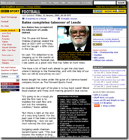 The BBC website carries the news of Ken Bates' takeover on January 21 2005