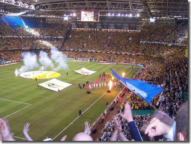 The players are welcomed into the breathtaking Millennium Stadium arena