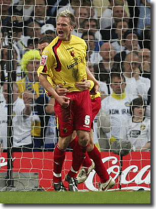 Jay DeMerit celebrates scoring the first goal for Watford