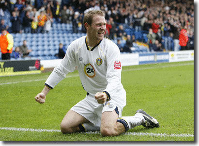 Ian Moore celebrates after scoring Leeds' first goal against Southend on October 28