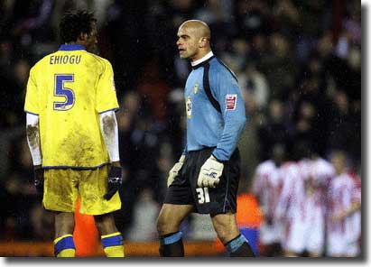 Ugo Ehiogu and Tony Warner argue after their mix up leads to Stoke's third goal at Elland Road at the end of December 2006