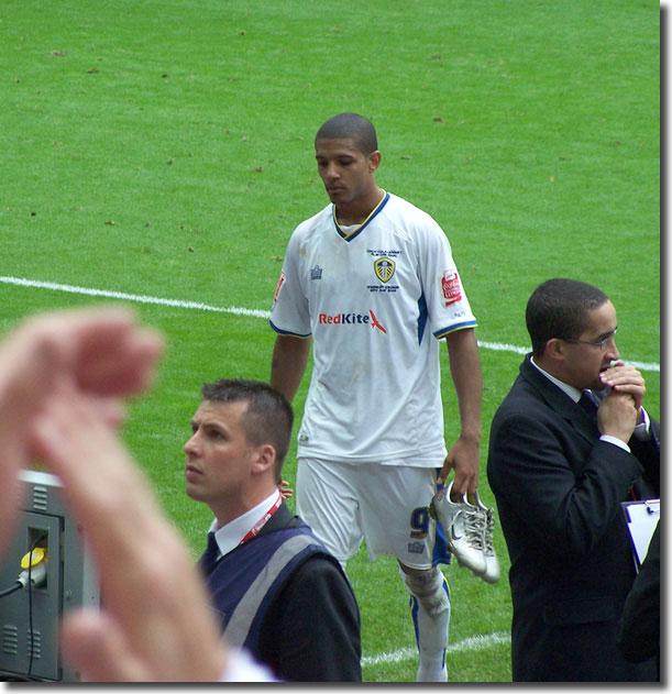 A disconsolate Jermaine Beckford after the play-off final defeat to Doncaster, about to throw his boots to the fans