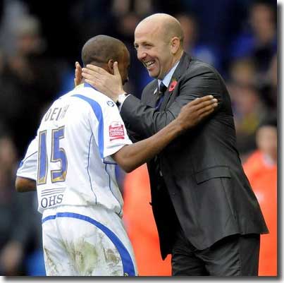 Gary McAllister congratulates Fabian Delph on scoring against Walsall on 25 October