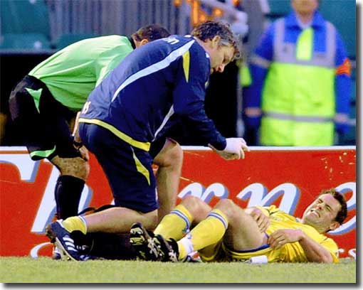 Frazer Richardson receives treatment for a thigh injury at Brighton on 17 January - it kept him out for months