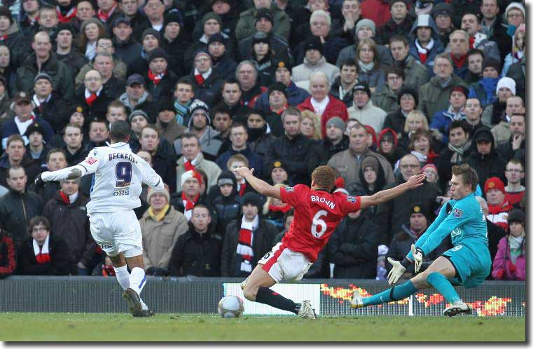 Jermaine Beckford beats Brown and Kuszczak to put Leeds ahead at Old Trafford