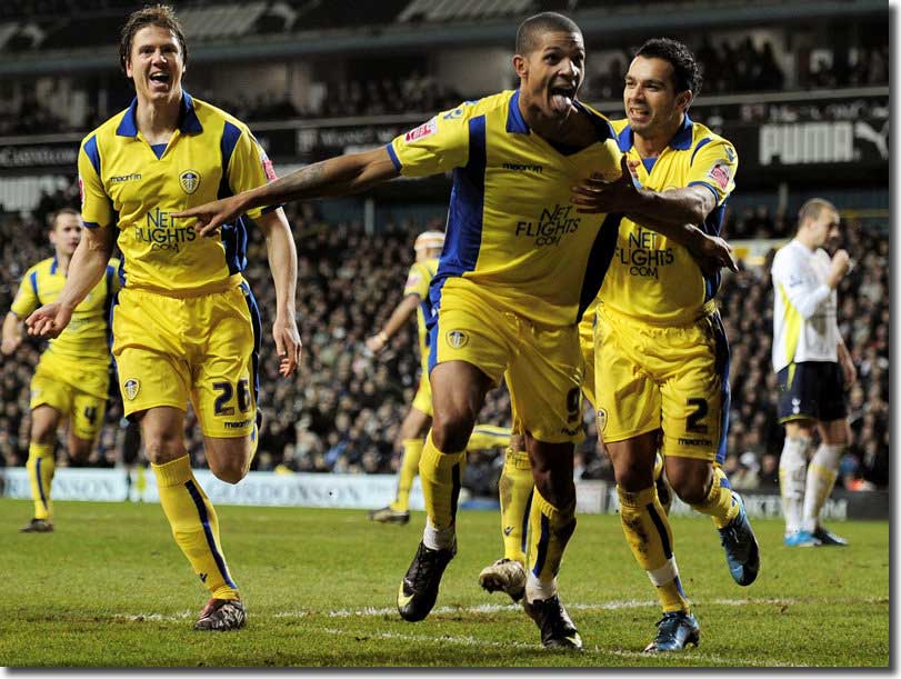 Jermaine Beckford celebrates his first equaliser with Leigh Bromby and Jason Crowe