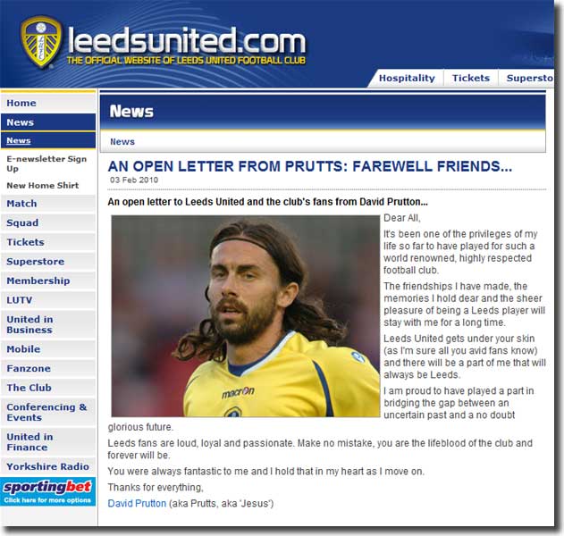 The Leeds United website carries David Prutton's farewell to the fans on 3 February