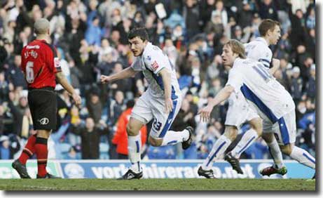 Robert Snodgrass celebrates his injury time equaliser against Brighton on 20 February