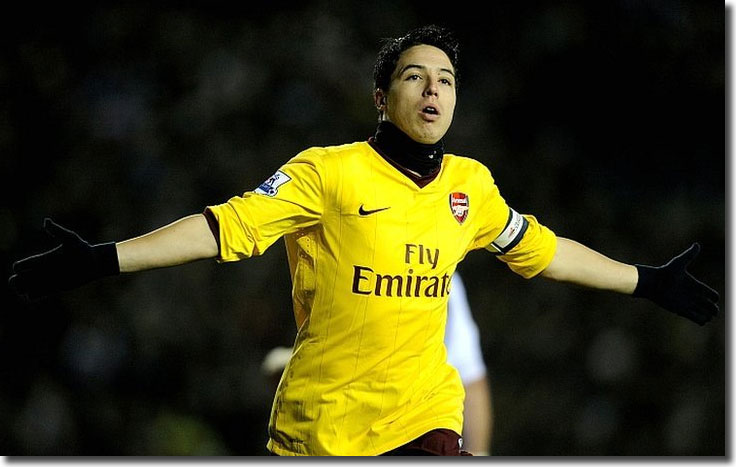 Samir Nasri celebrates opening the scoring at Elland Road